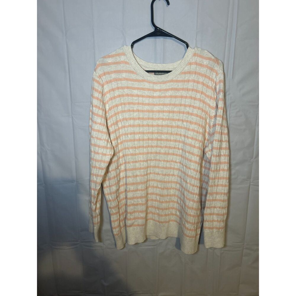 Style & Co Cable Knit Striped Sweater 3X Plus Size Cream Peach Pink Crew Neck
